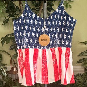 Patriotic Red, White, Blue Smocked Babydoll Cami Top